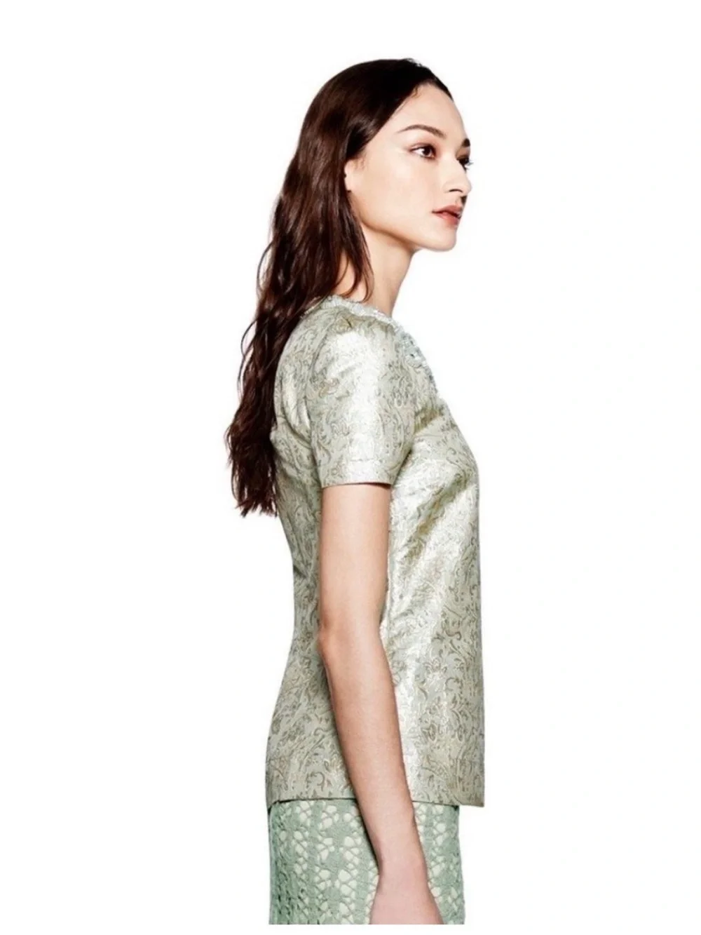 Vintage Tory Burch Lola Seafoam Green Metallic Jacquard Embellished Silk Top 6